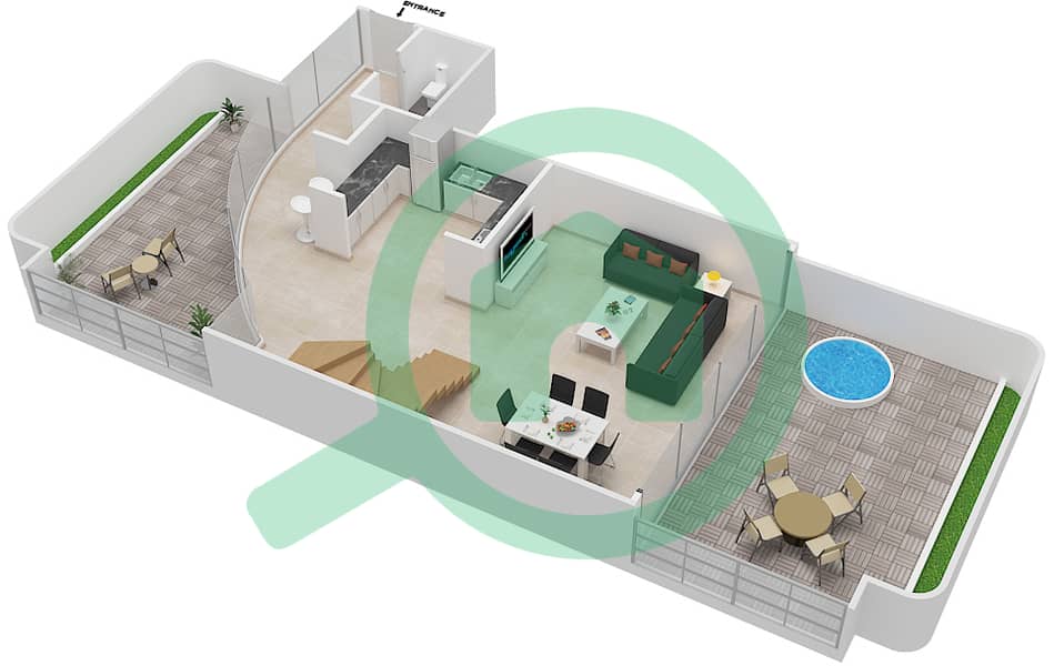 المخططات الطابقية لتصميم الوحدة 316 شقة 2 غرفة نوم - فلل مايرا Ground Floor interactive3D