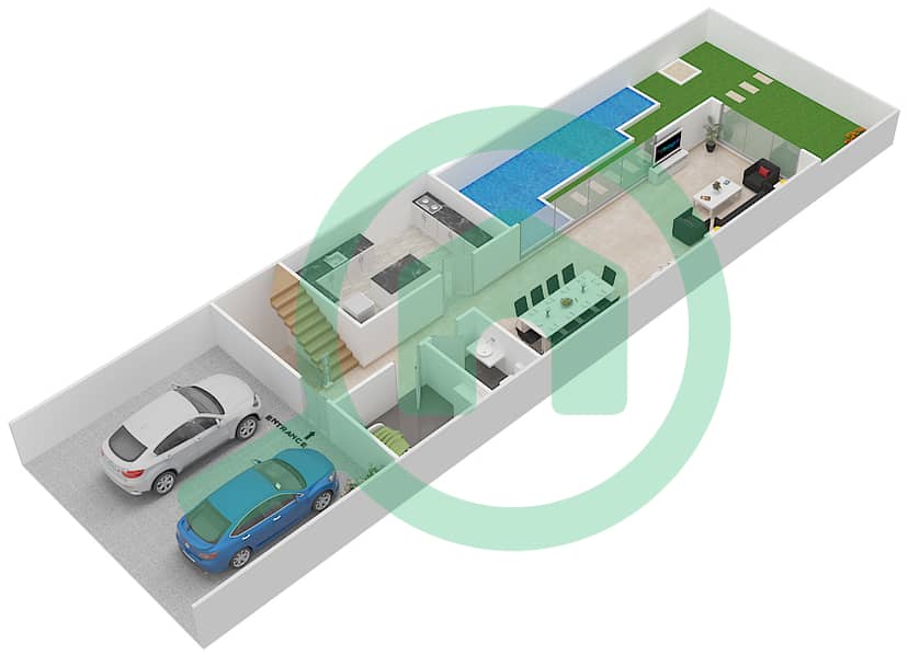 المخططات الطابقية لتصميم النموذج A تاون هاوس 3 غرف نوم - فلل ويستار كونستيلاشن Ground Floor interactive3D