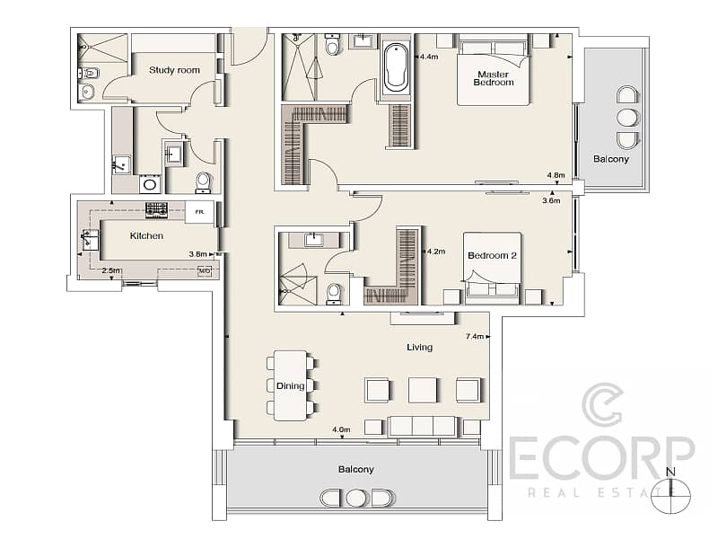 18 Large 2BR+M | Corner Unit | Furnished | Upgraded