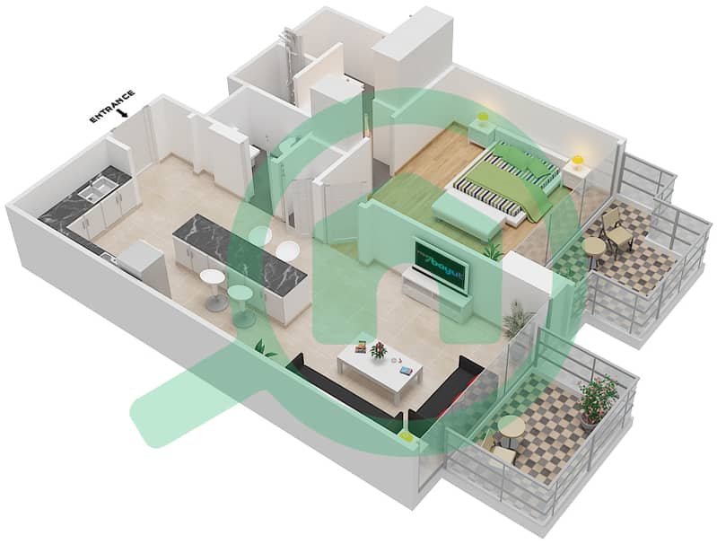 المخططات الطابقية لتصميم النموذج D شقة 1 غرفة نوم - سيجنتشر ليفينج interactive3D