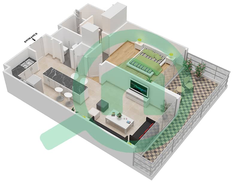 المخططات الطابقية لتصميم النموذج E شقة 1 غرفة نوم - سيجنتشر ليفينج interactive3D