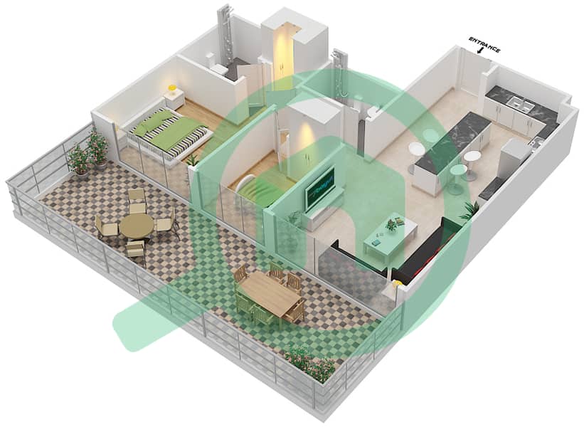 المخططات الطابقية لتصميم النموذج F شقة 2 غرفة نوم - سيجنتشر ليفينج interactive3D