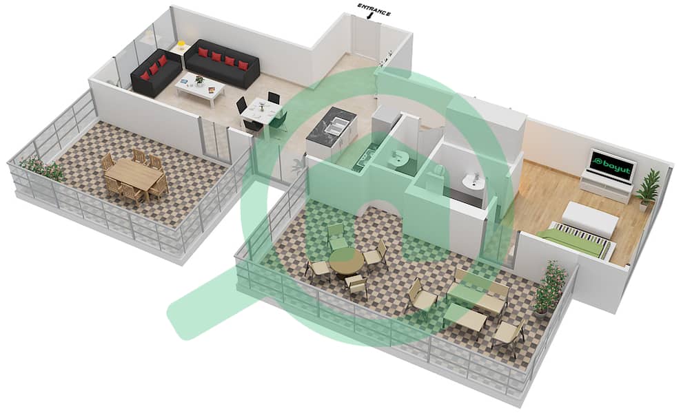 المخططات الطابقية لتصميم النموذج G شقة 1 غرفة نوم - سيجنتشر ليفينج interactive3D