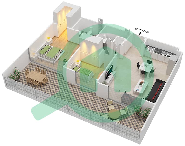المخططات الطابقية لتصميم النموذج H بنتهاوس 2 غرفة نوم - سيجنتشر ليفينج interactive3D