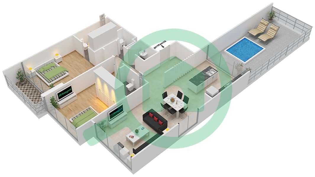 المخططات الطابقية لتصميم النموذج A بنتهاوس 2 غرفة نوم - سيجنتشر ليفينج interactive3D