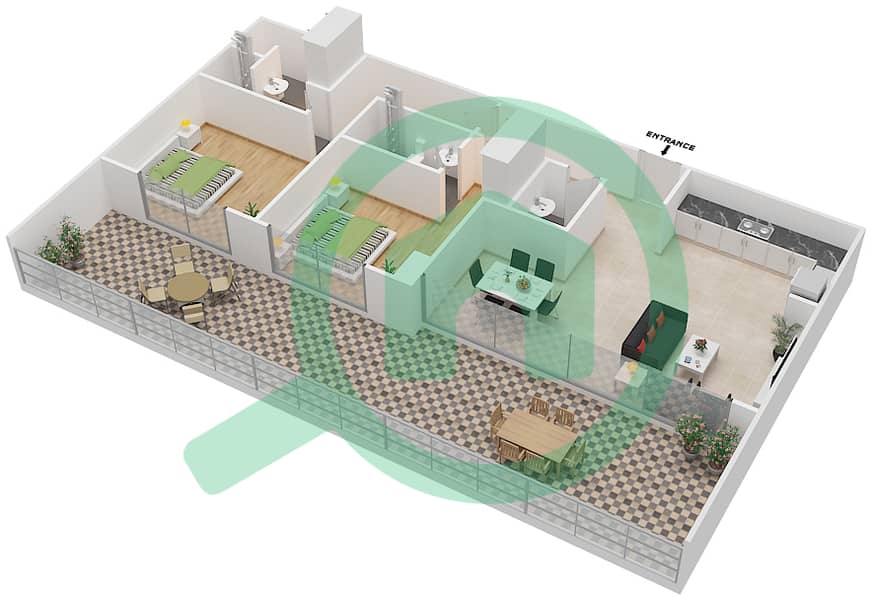 المخططات الطابقية لتصميم النموذج D بنتهاوس 2 غرفة نوم - سيجنتشر ليفينج interactive3D