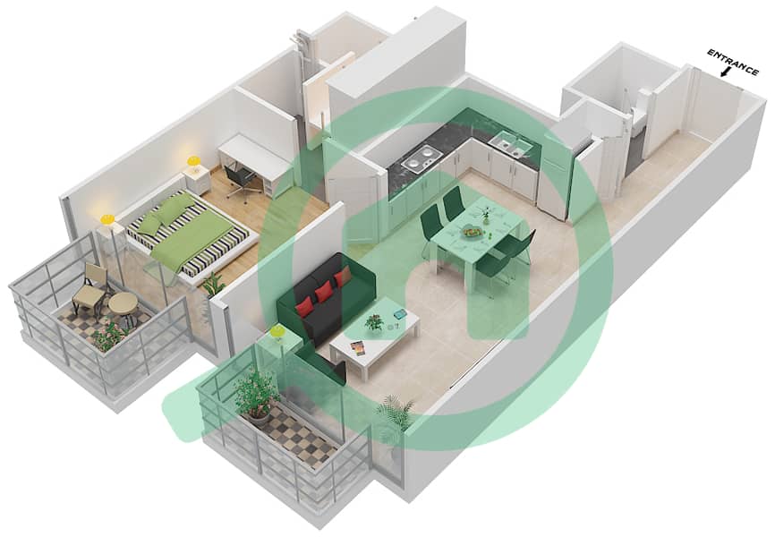 المخططات الطابقية لتصميم النموذج B1 شقة 1 غرفة نوم - سيجنتشر ليفينج interactive3D