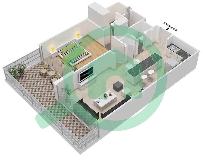 المخططات الطابقية لتصميم النموذج C1 شقة 1 غرفة نوم - سيجنتشر ليفينج interactive3D