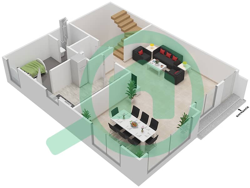 المخططات الطابقية لتصميم النموذج A تاون هاوس 3 غرف نوم - ويستار لا ريزيدنسيا ديل سول Ground Floor interactive3D