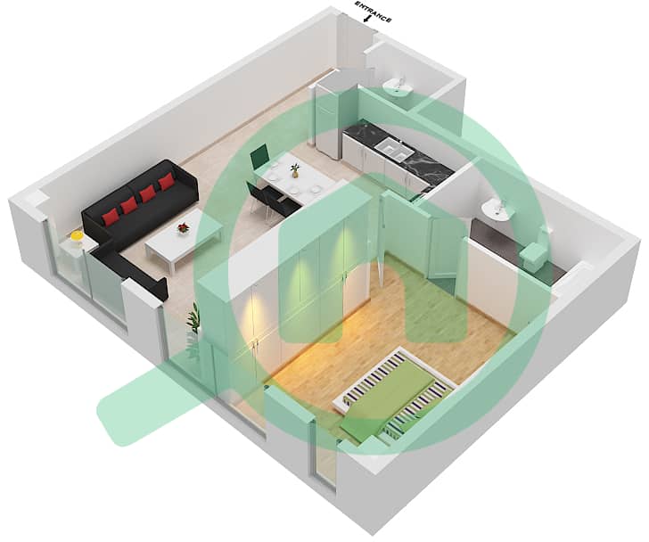 脉动公寓 - 1 卧室公寓类型M戶型图 interactive3D