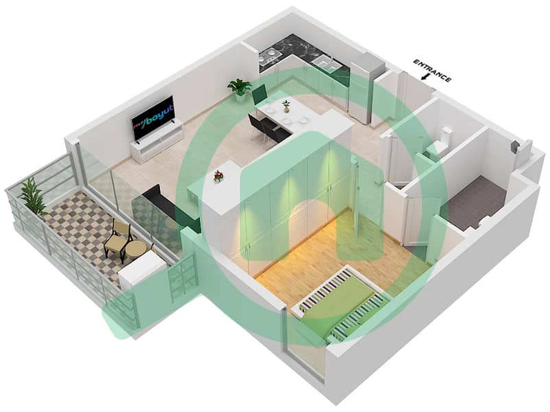 المخططات الطابقية لتصميم النموذج N شقة 1 غرفة نوم - ذا بلس ريزيدنس interactive3D