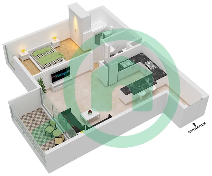 脉动公寓 - 1 卧室公寓类型O戶型图 interactive3D