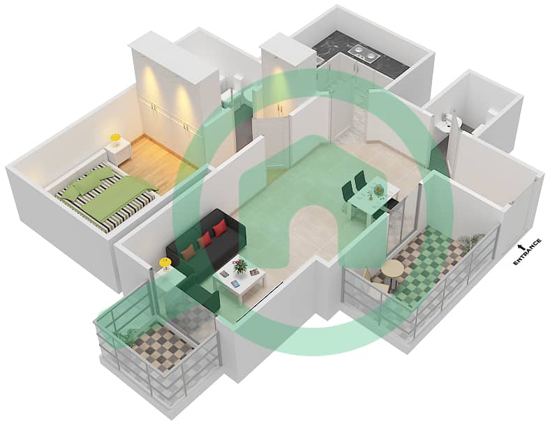 المخططات الطابقية لتصميم الوحدة 5 FLOOR 26-32 شقة 1 غرفة نوم - برج ذا سكوير Floor 26-32 interactive3D