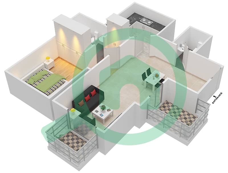 المخططات الطابقية لتصميم الوحدة 5 FLOOR 24-25 شقة 1 غرفة نوم - برج ذا سكوير Floor 24-25 interactive3D