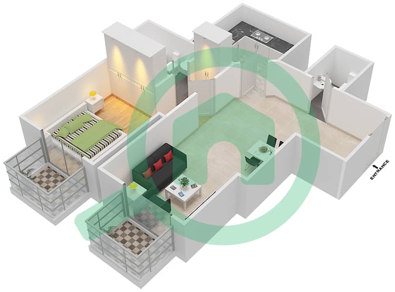 المخططات الطابقية لتصميم الوحدة 9 FLOOR 4-16,18-23 شقة 1 غرفة نوم - برج ذا سكوير Floor 4-16,18-23 interactive3D