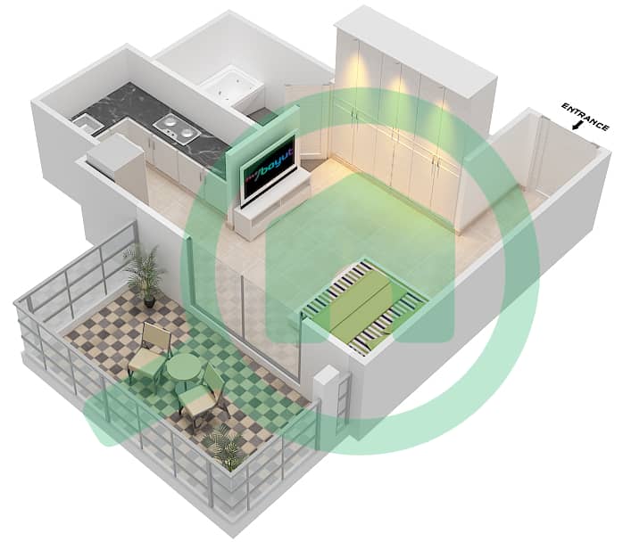 المخططات الطابقية لتصميم الوحدة 3 FLOOR 4-16,18-23 شقة استوديو - برج ذا سكوير Floor 4-16,18-23 interactive3D