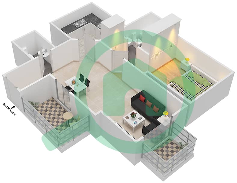 المخططات الطابقية لتصميم الوحدة 7 FLOOR 26-32 شقة 1 غرفة نوم - برج ذا سكوير Floor 26-32 interactive3D