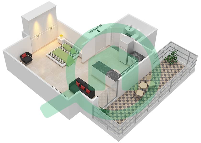 The Square Tower - Studio Apartment Unit 13 FLOOR 4-16,18-23 Floor plan interactive3D