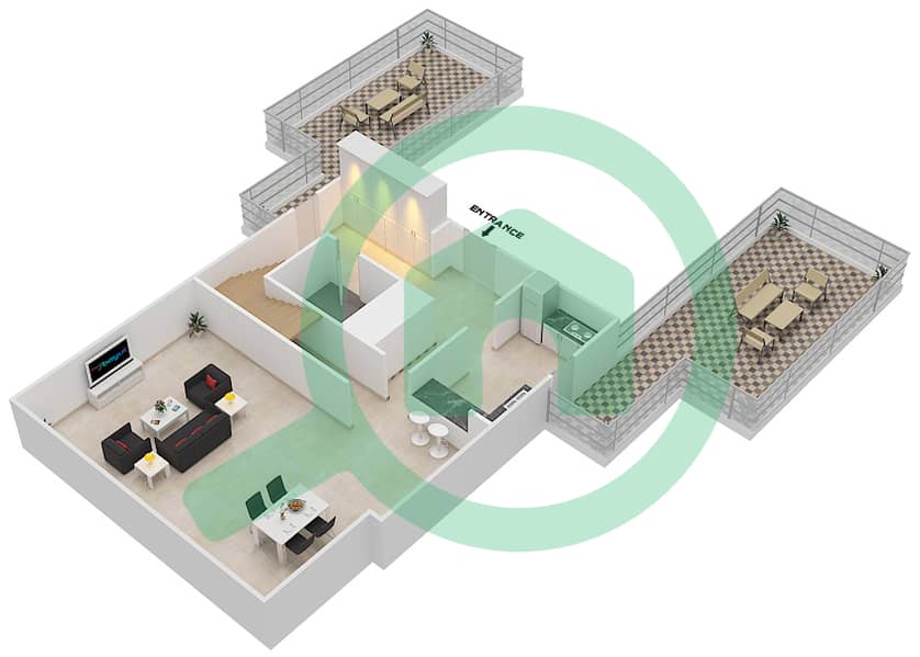 المخططات الطابقية لتصميم الوحدة 2 FLOOR 35-37 شقة 2 غرفة نوم - برج ذا سكوير Lower Floor 35-37 interactive3D