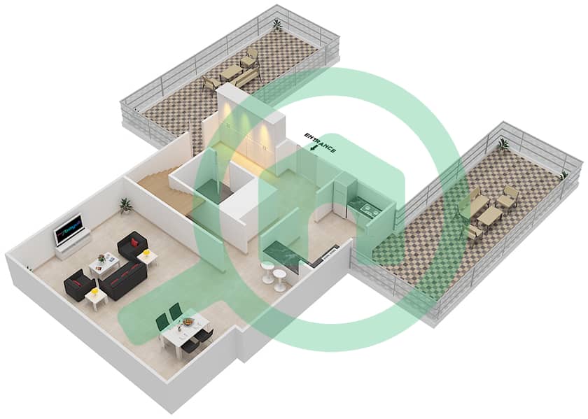 المخططات الطابقية لتصميم الوحدة 1 FLOOR 35-37 شقة 2 غرفة نوم - برج ذا سكوير Lower Floor 35-37 interactive3D