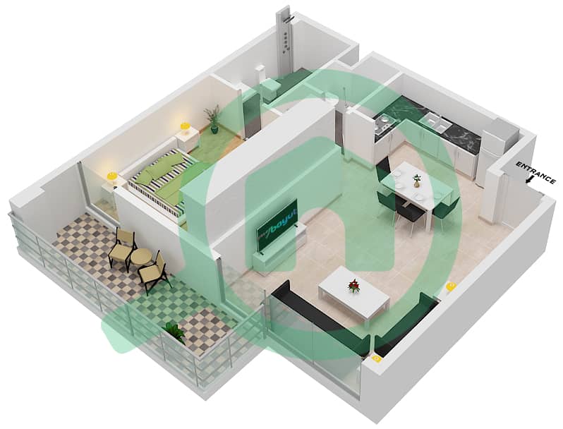 المخططات الطابقية لتصميم النموذج Q شقة 1 غرفة نوم - ذا بلس ريزيدنس interactive3D