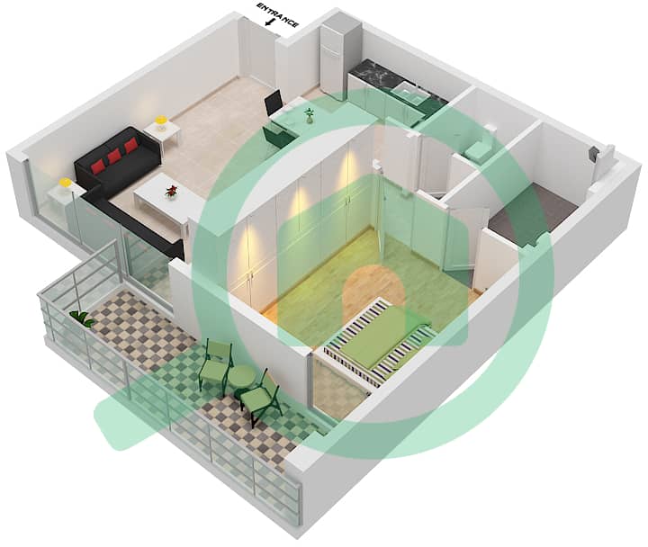 脉动公寓 - 1 卧室公寓类型R戶型图 interactive3D