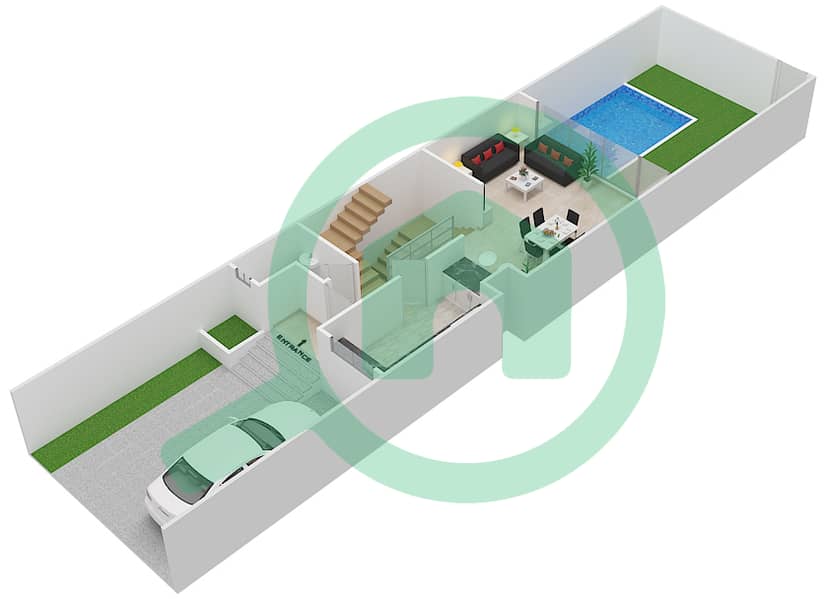 المخططات الطابقية لتصميم النموذج A تاون هاوس 3 غرف نوم - ويستار تيراس جاردن Ground Floor interactive3D