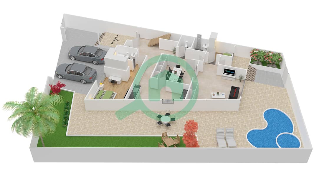 المخططات الطابقية لتصميم النموذج A فیلا 5 غرف نوم - تراس الشمال Ground Floor interactive3D