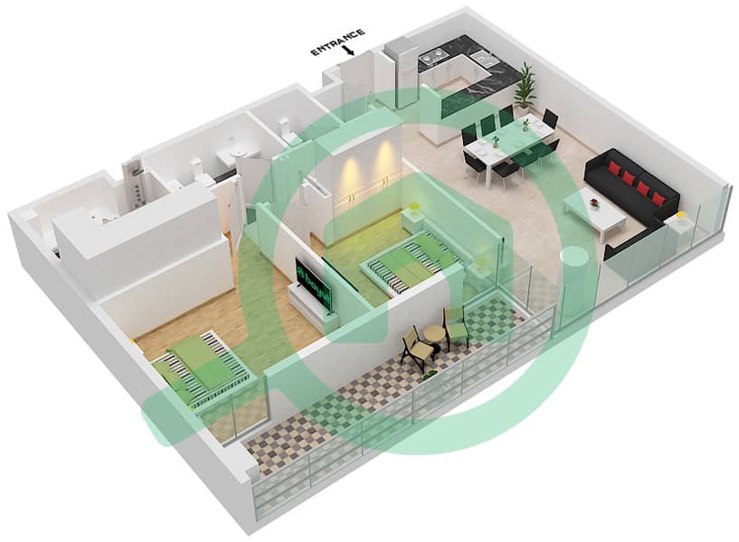 脉动公寓 - 2 卧室公寓类型X戶型图 interactive3D