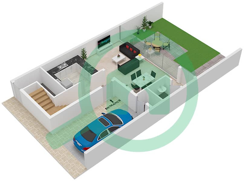 المخططات الطابقية لتصميم النموذج A1 تاون هاوس 2 غرفة نوم - ذا بلس ريزيدنس interactive3D