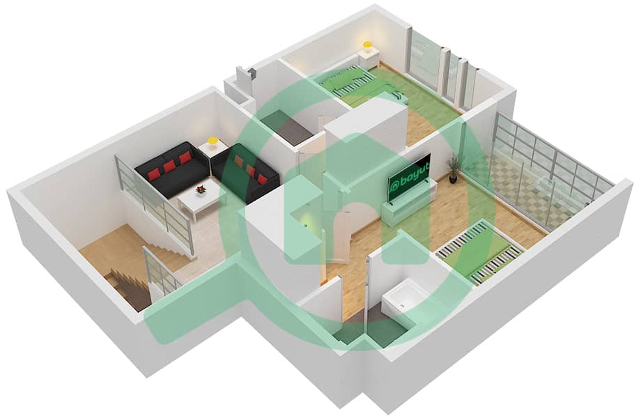 المخططات الطابقية لتصميم النموذج A1 تاون هاوس 2 غرفة نوم - ذا بلس ريزيدنس interactive3D