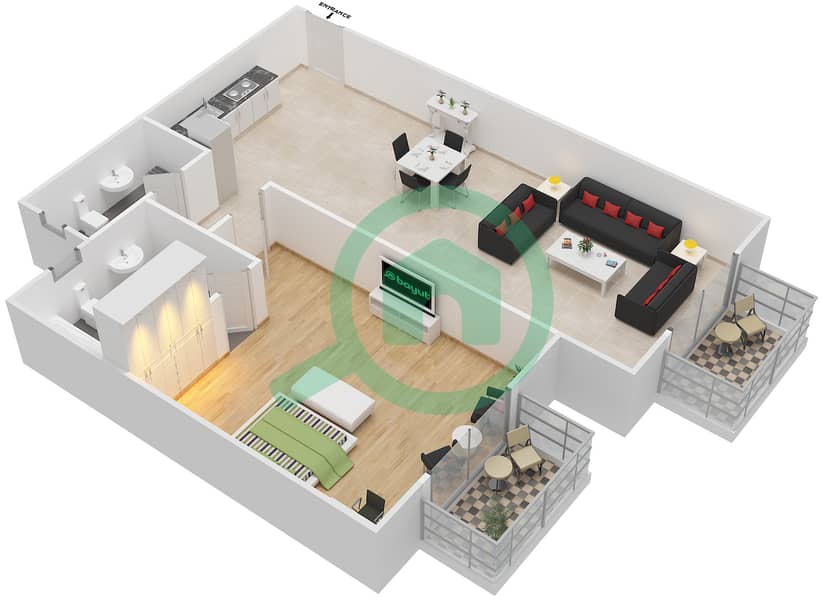المخططات الطابقية لتصميم الوحدة 1 FLOOR 1 شقة 1 غرفة نوم - فلورنس 1 Floor 1 interactive3D