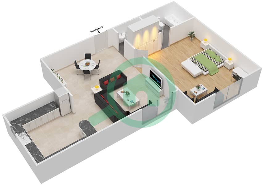 المخططات الطابقية لتصميم الوحدة 3 FLOOR 1 شقة 1 غرفة نوم - فلورنس 1 Floor 1 interactive3D