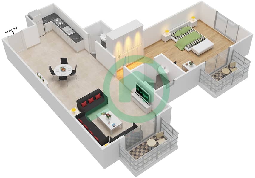 المخططات الطابقية لتصميم الوحدة 8 FLORENCE 1 شقة 1 غرفة نوم - فلورنس 1 Floor 1 interactive3D
