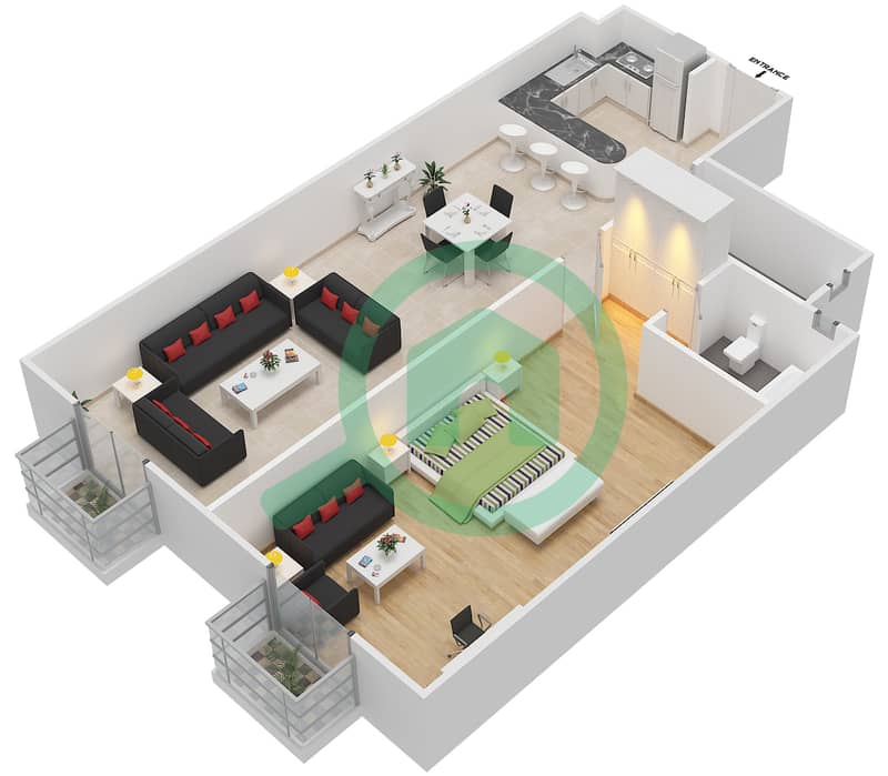 المخططات الطابقية لتصميم الوحدة 11  FLORENCE 1 شقة 1 غرفة نوم - فلورنس 1 Floor 1 interactive3D