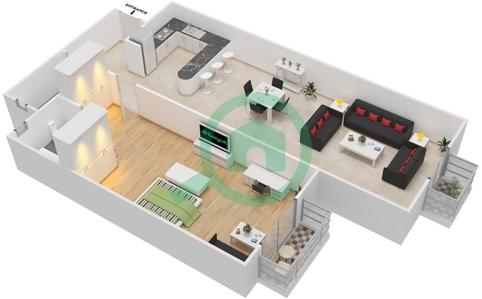 المخططات الطابقية لتصميم الوحدة 15 FLORENCE 1 شقة 1 غرفة نوم - فلورنس 1 Floor 1 interactive3D