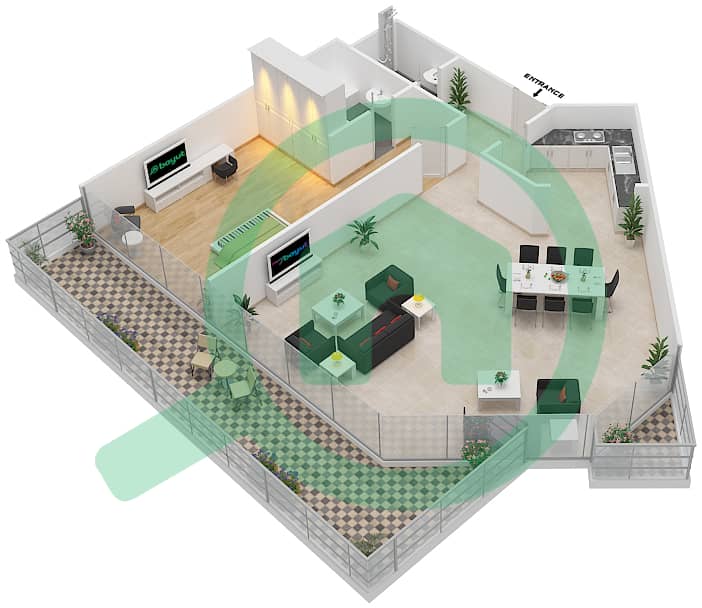 المخططات الطابقية لتصميم النموذج XX1 شقة 1 غرفة نوم - میتروبولس سنترال interactive3D