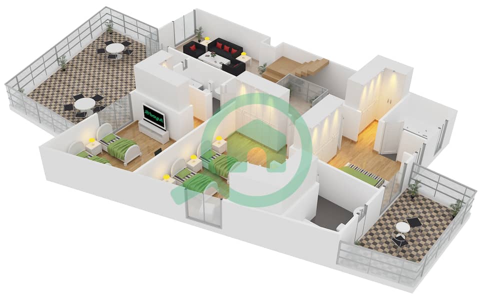 المخططات الطابقية لتصميم النموذج A فیلا 5 غرف نوم - تراس الشمال First Floor interactive3D