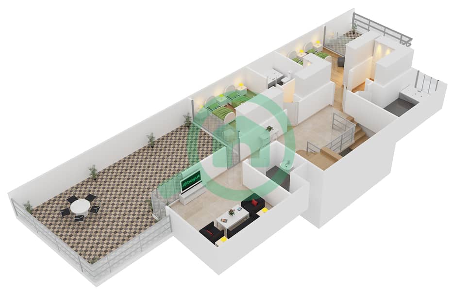 المخططات الطابقية لتصميم النموذج B فیلا 3 غرف نوم - تراس الشمال interactive3D