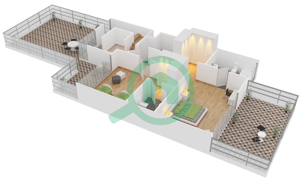 المخططات الطابقية لتصميم النموذج D فیلا 3 غرف نوم - تراس الشمال interactive3D