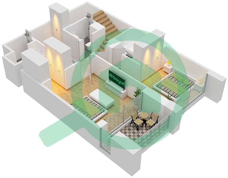 المخططات الطابقية لتصميم الوحدة G1 شقة 3 غرف نوم - كريك بالاس interactive3D