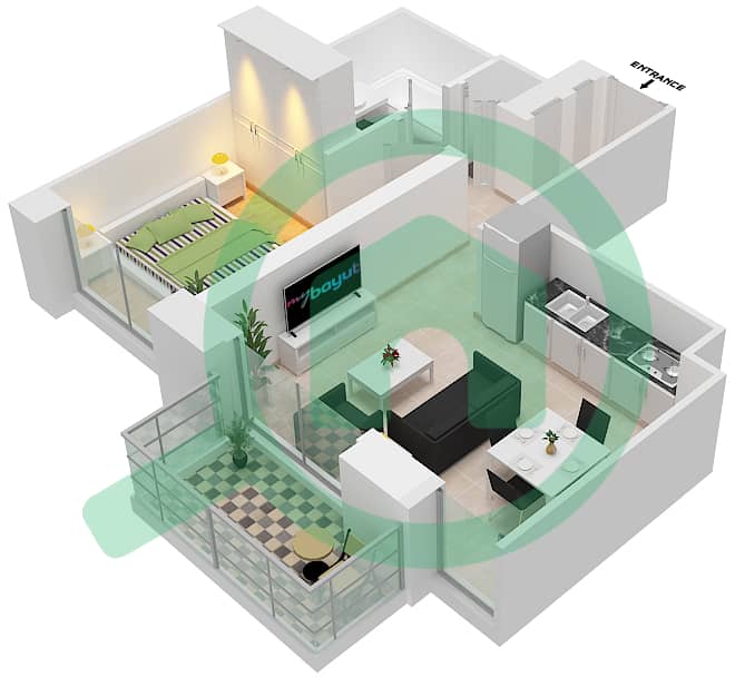 Creek Palace - 1 Bedroom Apartment Unit 1/  FLOOR 1-19, 21-33 Floor plan interactive3D
