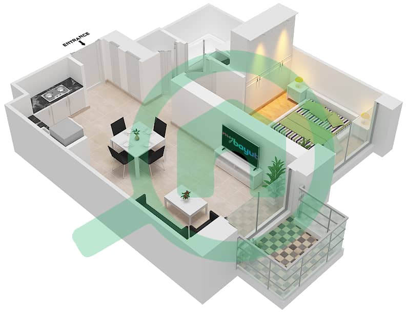 المخططات الطابقية لتصميم الوحدة 2/ FLOOR 1-19, 21-34 شقة 1 غرفة نوم - كريك بالاس interactive3D