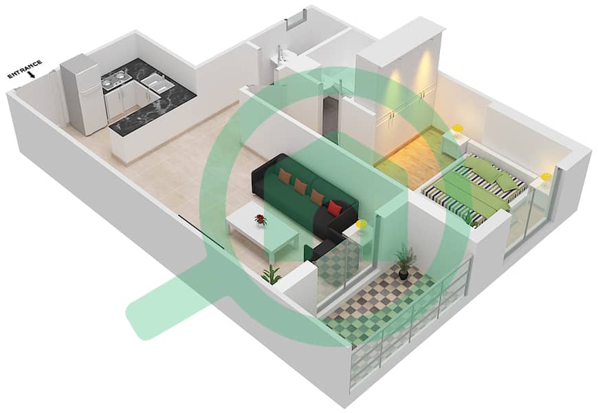 Артистик Хайтс - Апартамент 1 Спальня планировка Тип/мера A/1 FLOOR 1-16 interactive3D
