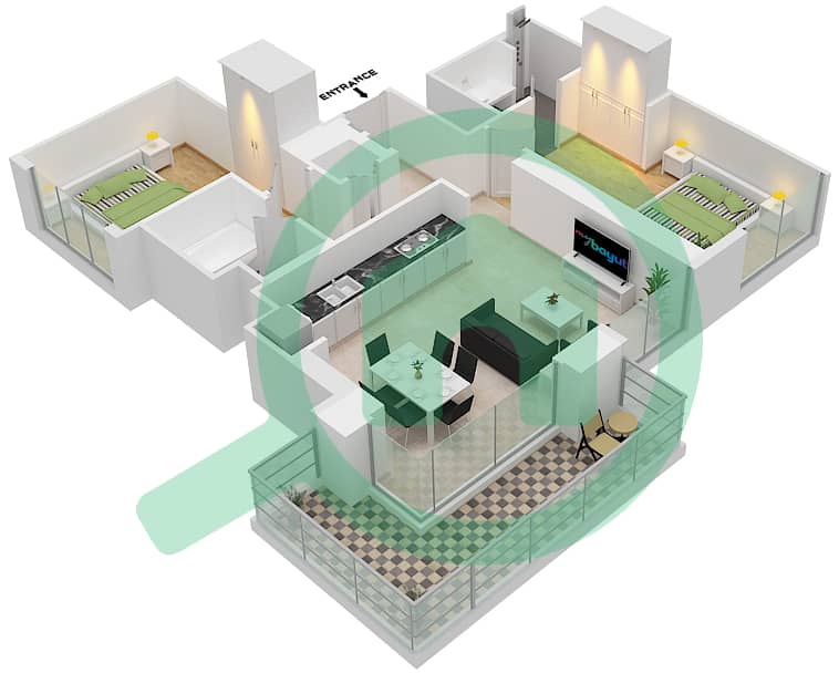 المخططات الطابقية لتصميم الوحدة 3/ FLOOR 1-19,21-35 شقة 2 غرفة نوم - كريك بالاس interactive3D