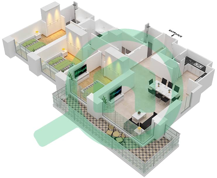 المخططات الطابقية لتصميم الوحدة 4/FLOOR 1-19,21-36 شقة 3 غرف نوم - كريك بالاس interactive3D