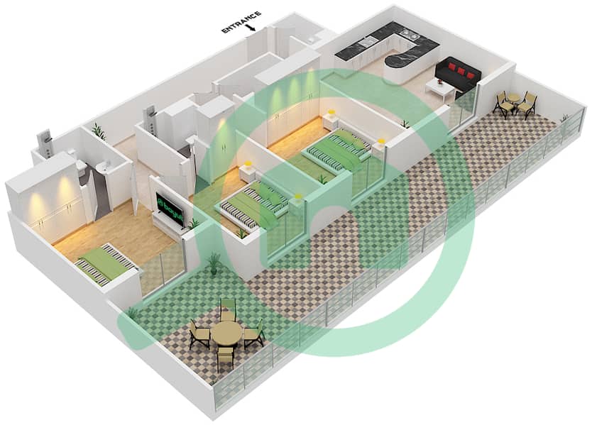 المخططات الطابقية لتصميم النموذج / الوحدة D/3 FLOOR 17 شقة 3 غرف نوم - ارتستيك هايتس interactive3D