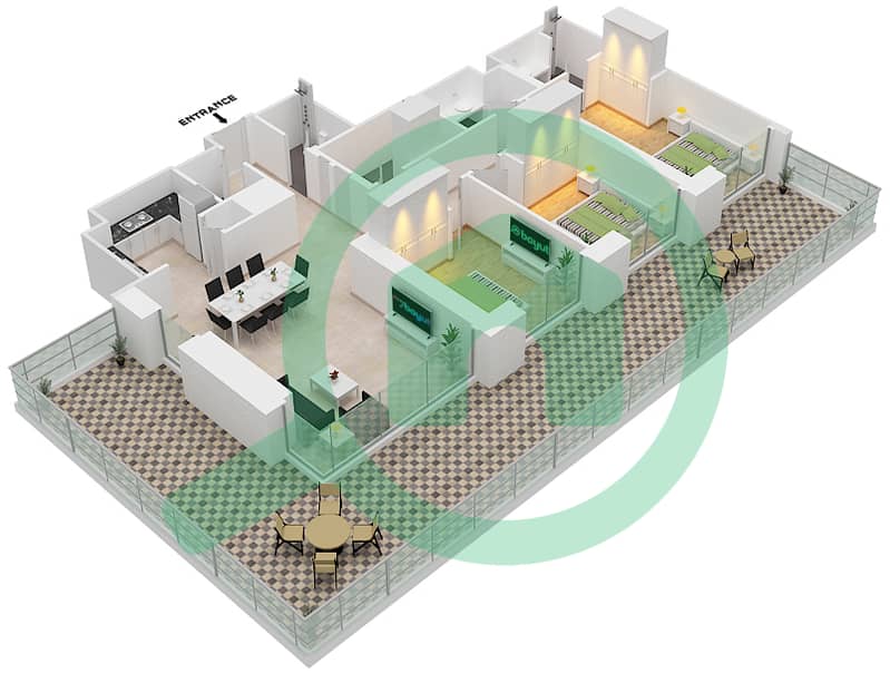 المخططات الطابقية لتصميم الوحدة 5/ FLOOR-1 شقة 3 غرف نوم - كريك بالاس interactive3D