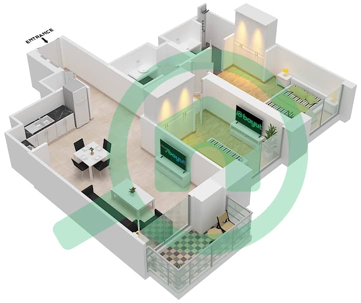 المخططات الطابقية لتصميم الوحدة 5   FLOOR 2-19,21-33 شقة 2 غرفة نوم - كريك بالاس interactive3D