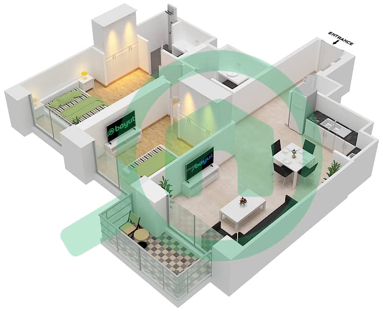 المخططات الطابقية لتصميم الوحدة 6  FLOOR 2-19,21-33 شقة 2 غرفة نوم - كريك بالاس interactive3D